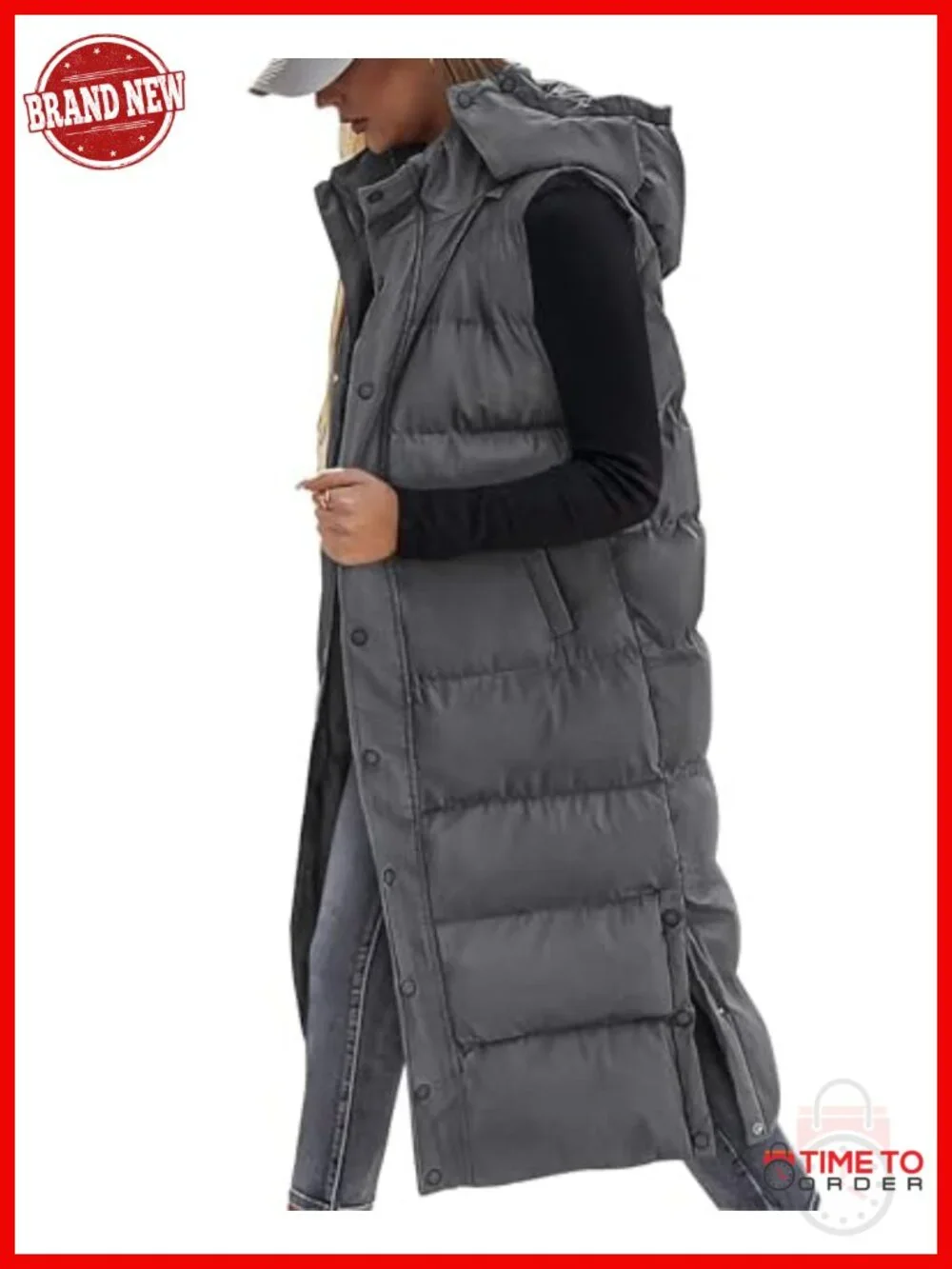Long Puffer Vest Women Quilted Hooded Button Down Zip Up Sleeveless Vests
